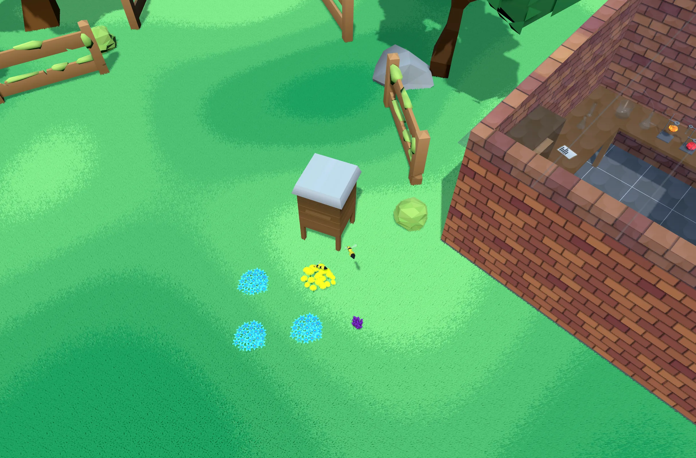 Screenshot looking at beehive with a few flower in front