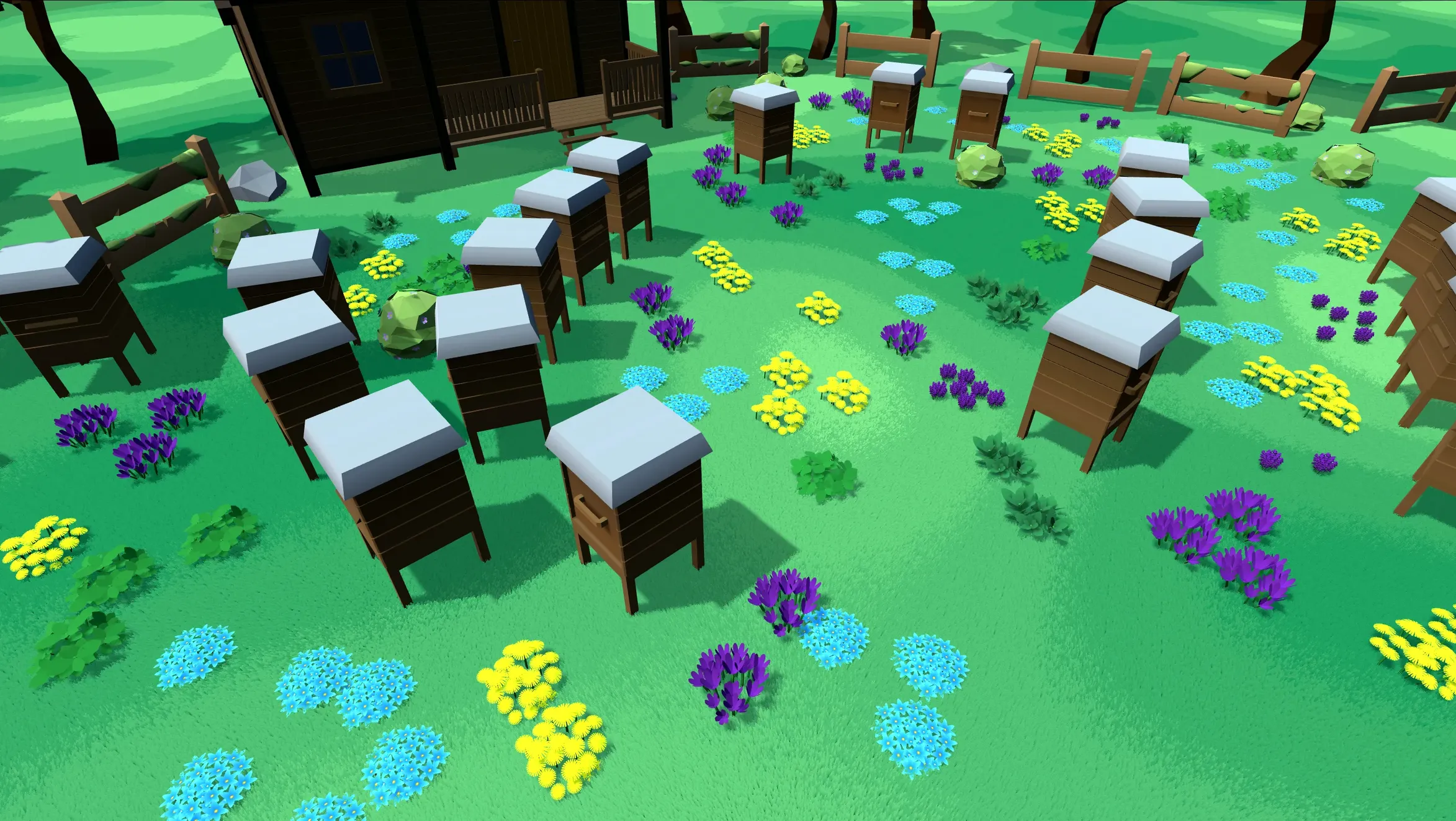 Screenshot of a huge number of beehives and flowers